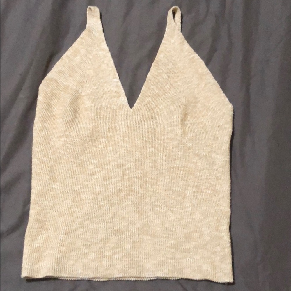 white and tan v neck crop top